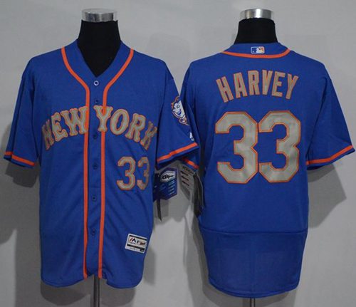 Mets #33 Matt Harvey Blue(Grey NO.) Flexbase Authentic Collection Stitched MLB Jersey